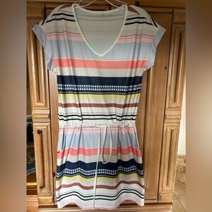 Cap sleeve, v neck, drawstring waist stripe dress, multi color, size M